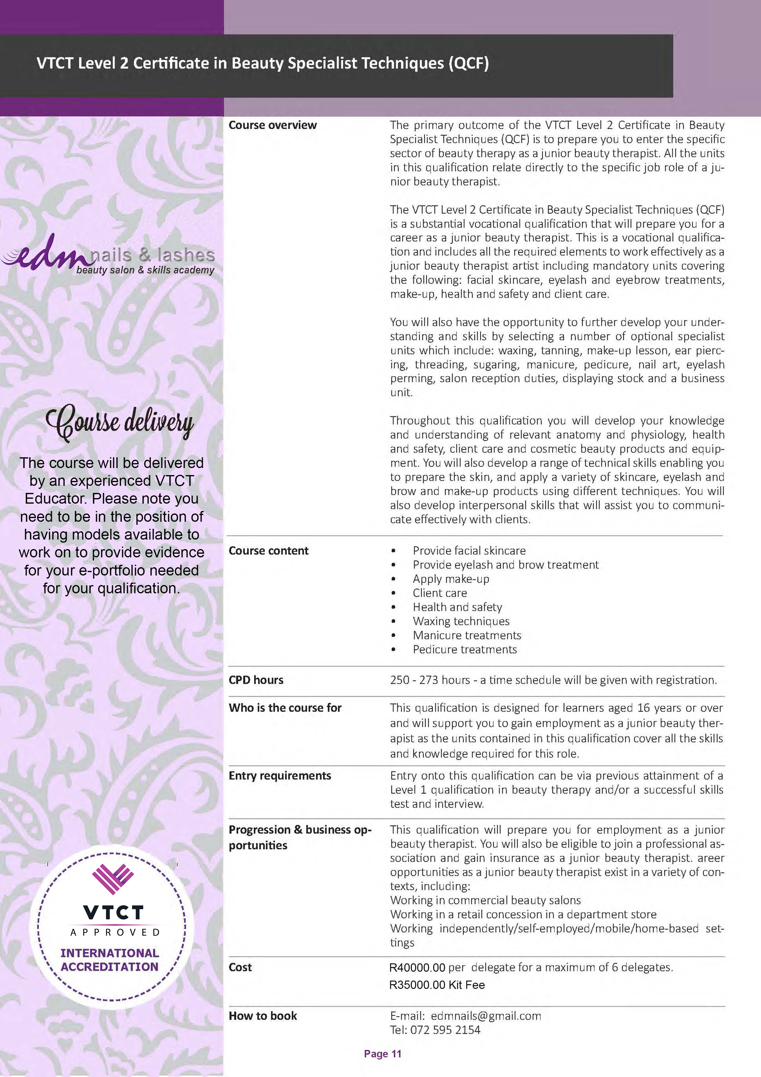 VTCT Level 2 Certificate in Beauty Specialist Techniques